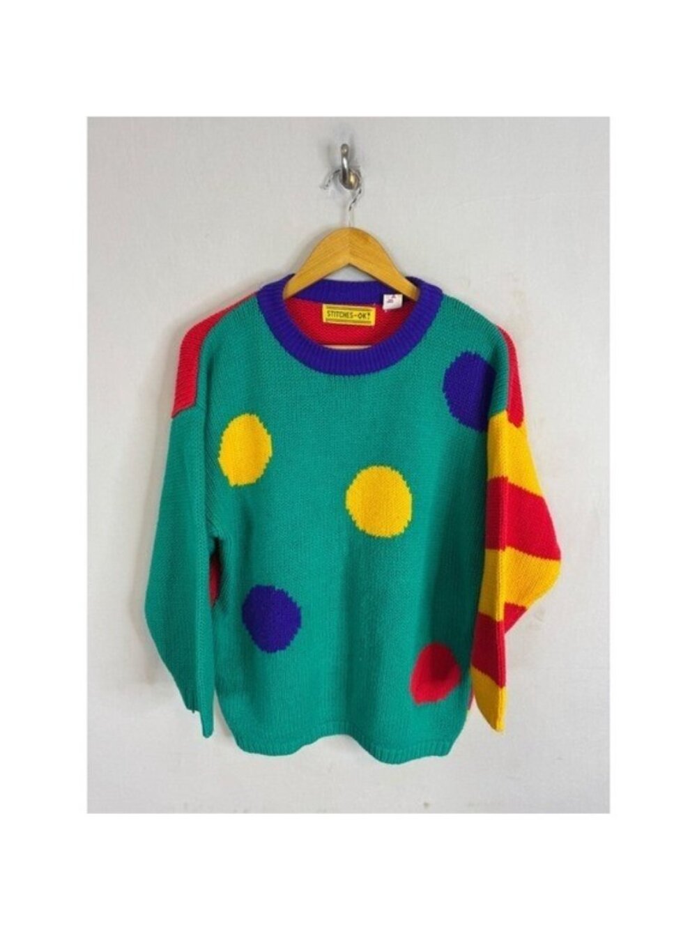 Vintage Stitches-OK! 80s 90s Colorblock Polka Dot Striped Knit Sweater Women M
